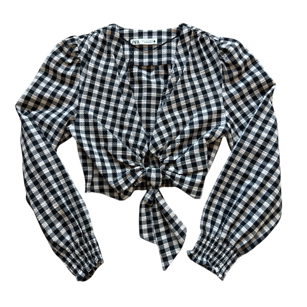 ZARA Women's Black & White Gingham Check Tie Front Key Hole Crop Top M Festival